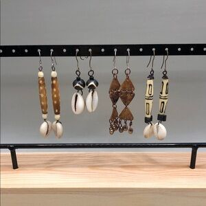 Tribal boho beach shell bone pearls dangle drop long earrings handmade vintage.